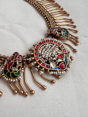 Gold polish kundan, ruby and emerald necklace with pearls-Silver Neckpiece-CI-House of Taamara