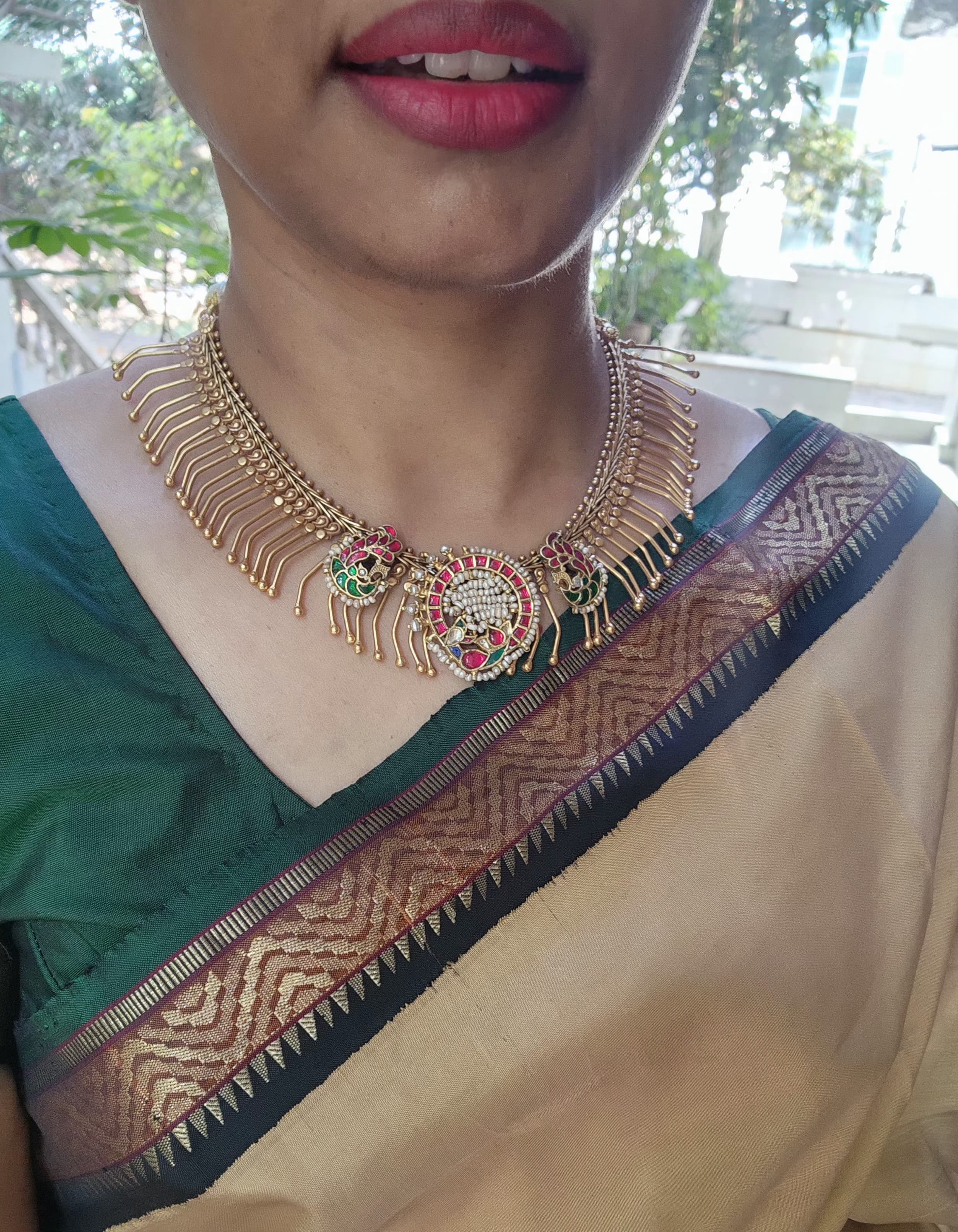 Gold polish kundan, ruby and emerald necklace with pearls-Silver Neckpiece-CI-House of Taamara