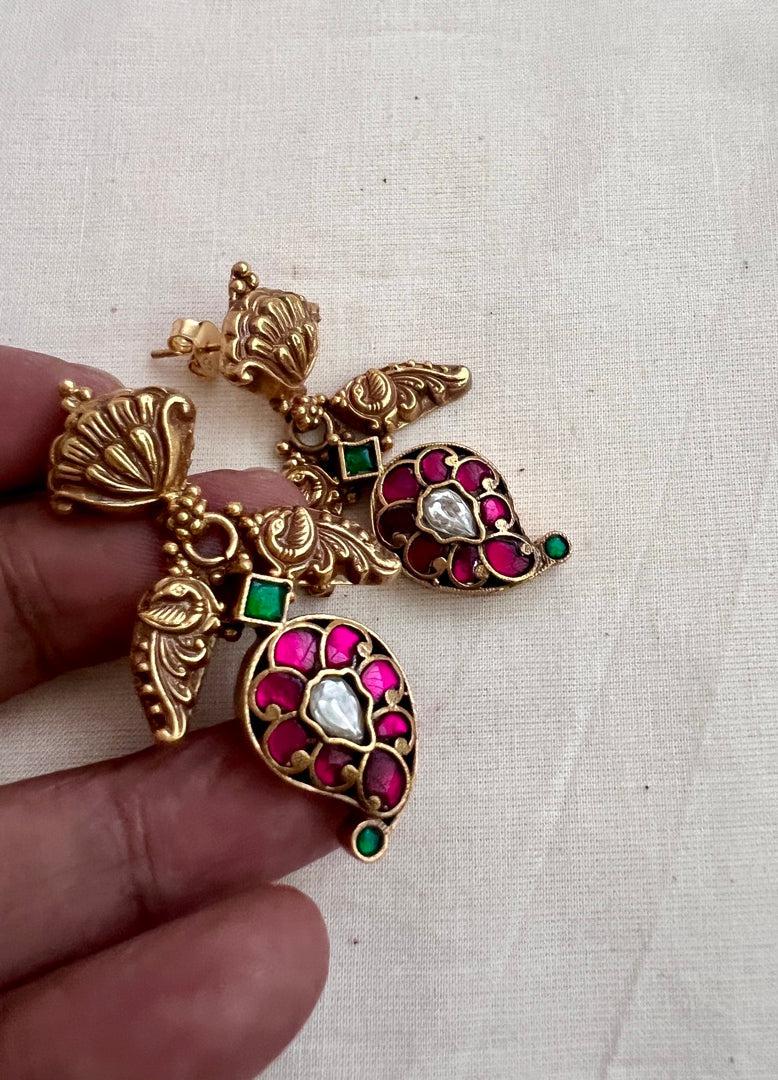 Gold polish kundan, ruby and emerald paisley earrings-Earrings-CI-House of Taamara