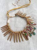 Gold polish kundan, ruby and emerald peacock spiked necklace-Silver Neckpiece-CI-House of Taamara