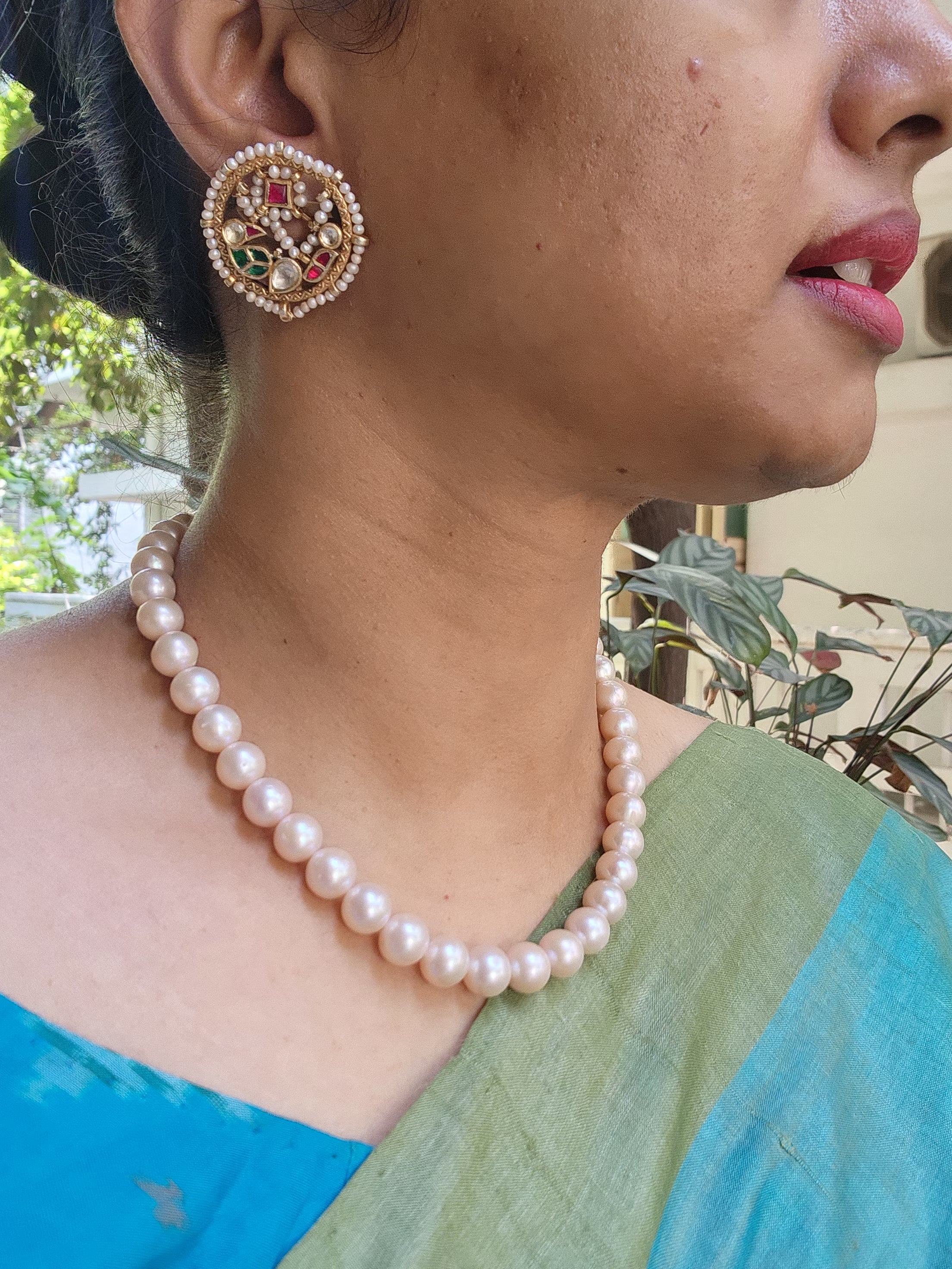 Gold polish kundan, ruby and emerald peacock studs with pearls-Earrings-CI-House of Taamara