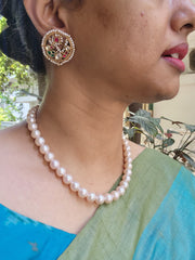 Gold polish kundan, ruby and emerald peacock studs with pearls-Earrings-CI-House of Taamara