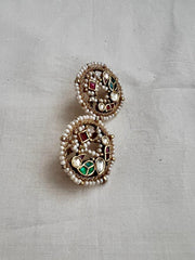 Gold polish kundan, ruby and emerald peacock studs with pearls-Earrings-CI-House of Taamara