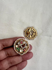 Gold polish kundan, ruby and emerald peacock studs with pearls-Earrings-CI-House of Taamara
