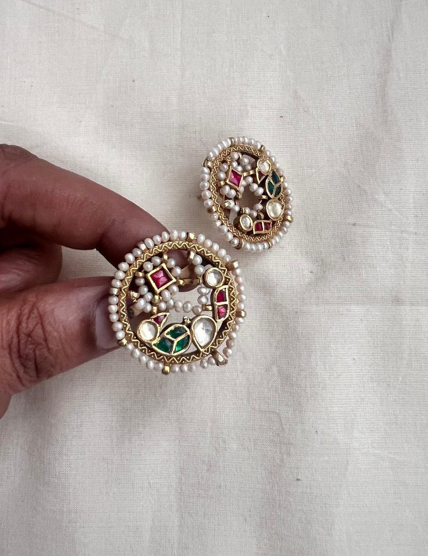 Gold polish kundan, ruby and emerald peacock studs with pearls-Earrings-CI-House of Taamara