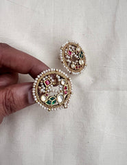 Gold polish kundan, ruby and emerald peacock studs with pearls-Earrings-CI-House of Taamara