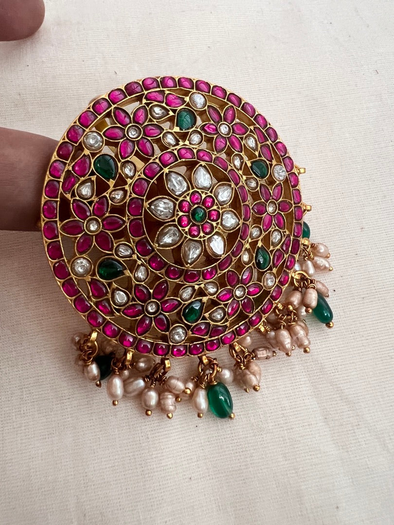 Gold polish kundan, ruby and emerald pendant-Silver Neckpiece-CI-House of Taamara