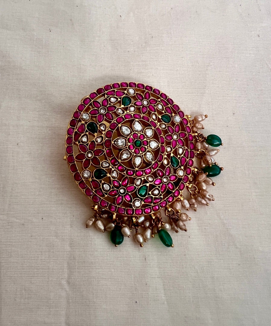 Gold polish kundan, ruby and emerald pendant-Silver Neckpiece-CI-House of Taamara