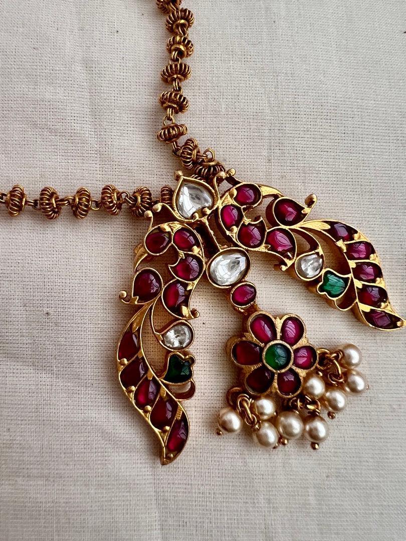Gold polish kundan, ruby and emerald pendant chain-Silver Neckpiece-CI-House of Taamara