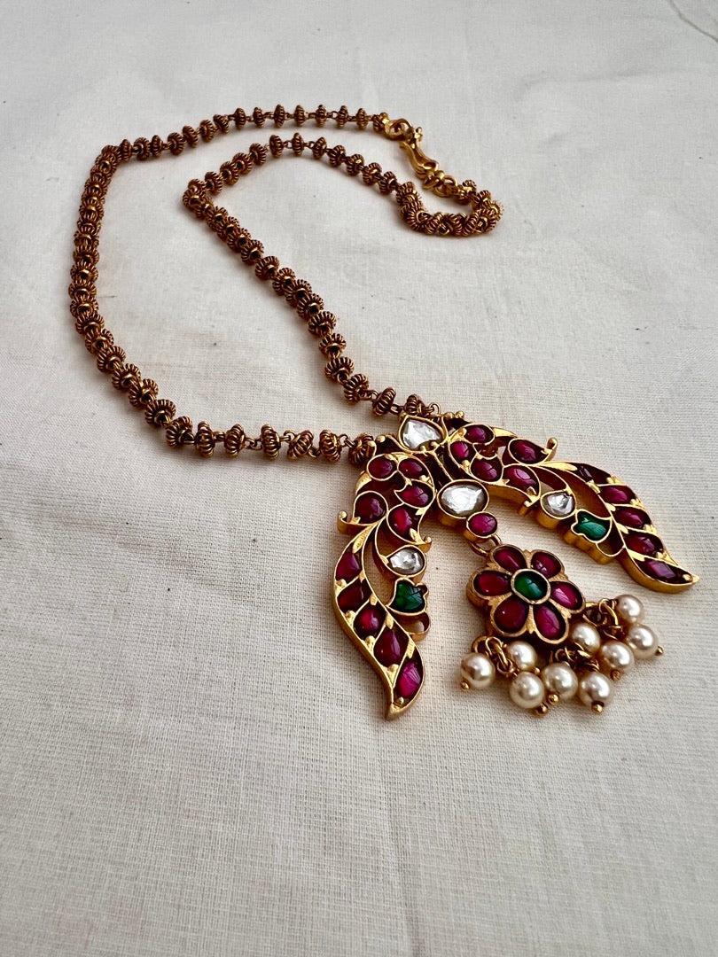 Gold polish kundan, ruby and emerald pendant chain-Silver Neckpiece-CI-House of Taamara