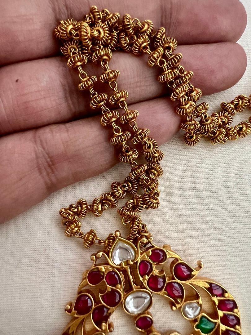 Gold polish kundan, ruby and emerald pendant chain-Silver Neckpiece-CI-House of Taamara