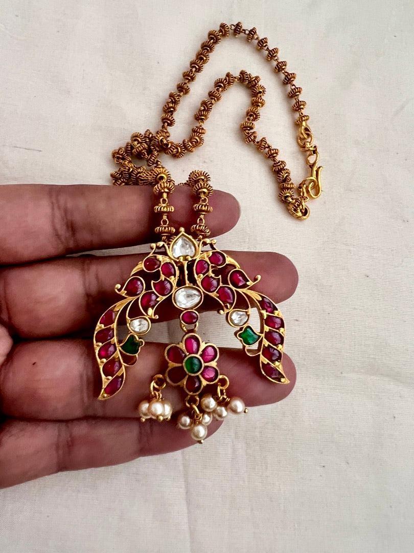 Gold polish kundan, ruby and emerald pendant chain-Silver Neckpiece-CI-House of Taamara