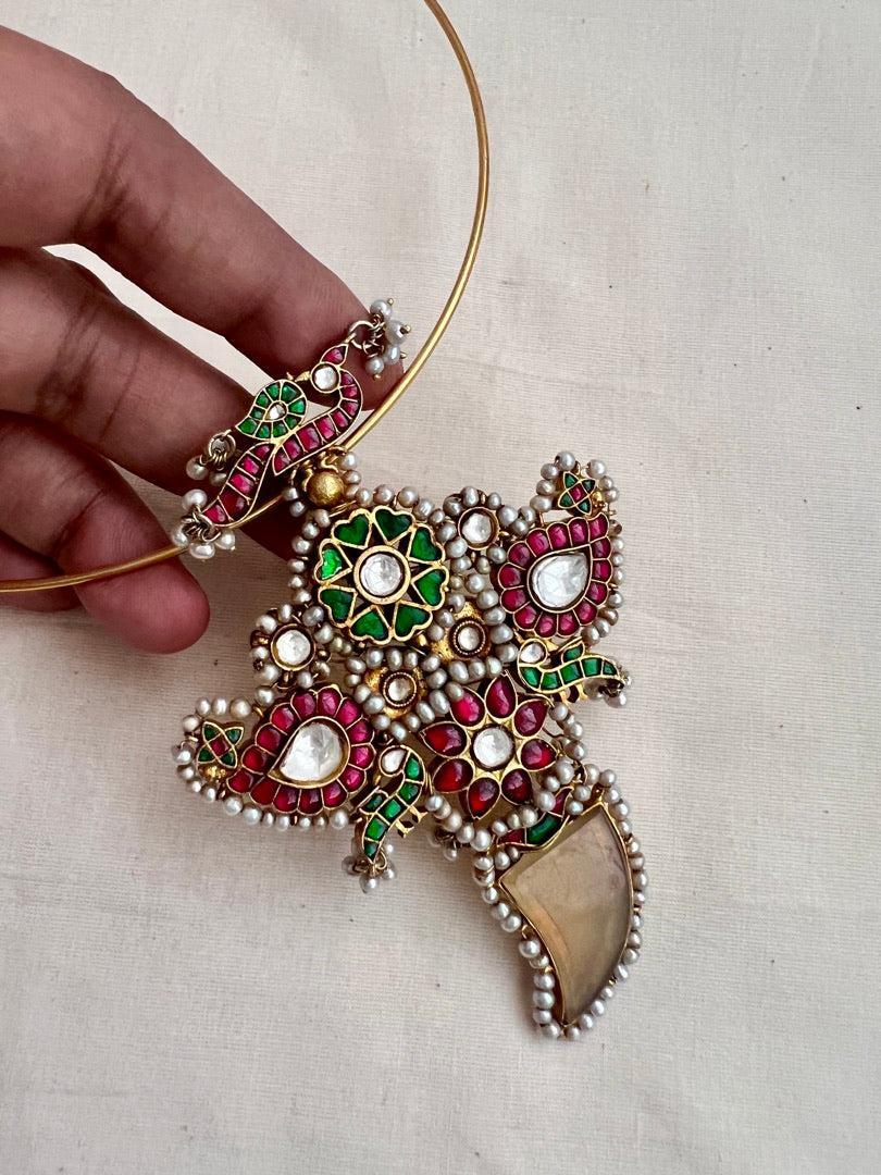 Gold polish kundan, ruby and emerald pendant hasli with pearls-Silver Neckpiece-CI-House of Taamara