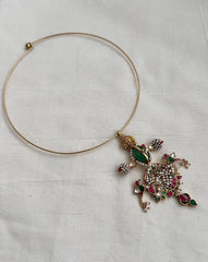 Gold polish kundan, ruby and emerald pendant hasli with pearls-Silver Neckpiece-CI-House of Taamara