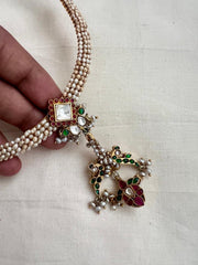 Gold polish kundan, ruby and emerald pendant hasli with pearls-Silver Neckpiece-CI-House of Taamara
