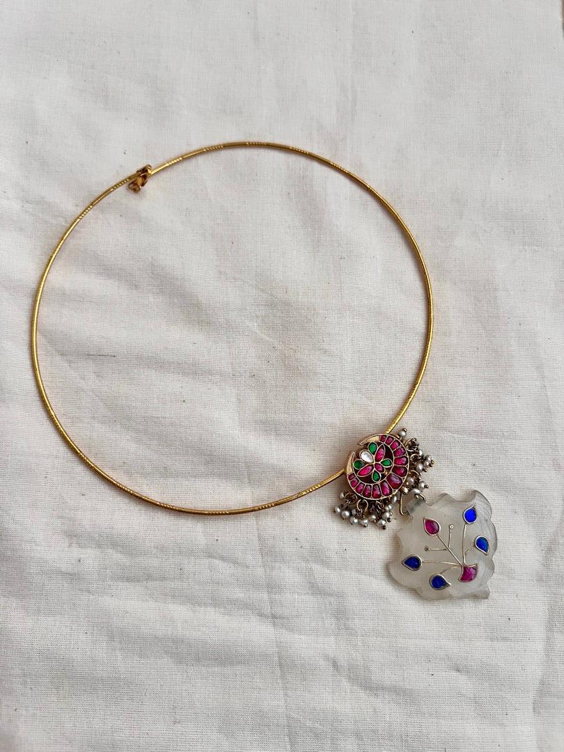Gold polish kundan, ruby and emerald pendant hasli with pearls-Silver Neckpiece-CI-House of Taamara