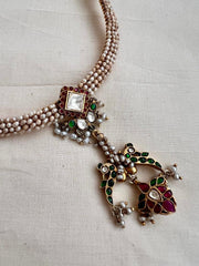 Gold polish kundan, ruby and emerald pendant hasli with pearls-Silver Neckpiece-CI-House of Taamara