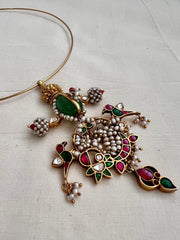 Gold polish kundan, ruby and emerald pendant hasli with pearls-Silver Neckpiece-CI-House of Taamara