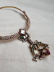 Gold polish kundan, ruby and emerald pendant hasli with pearls-Silver Neckpiece-CI-House of Taamara