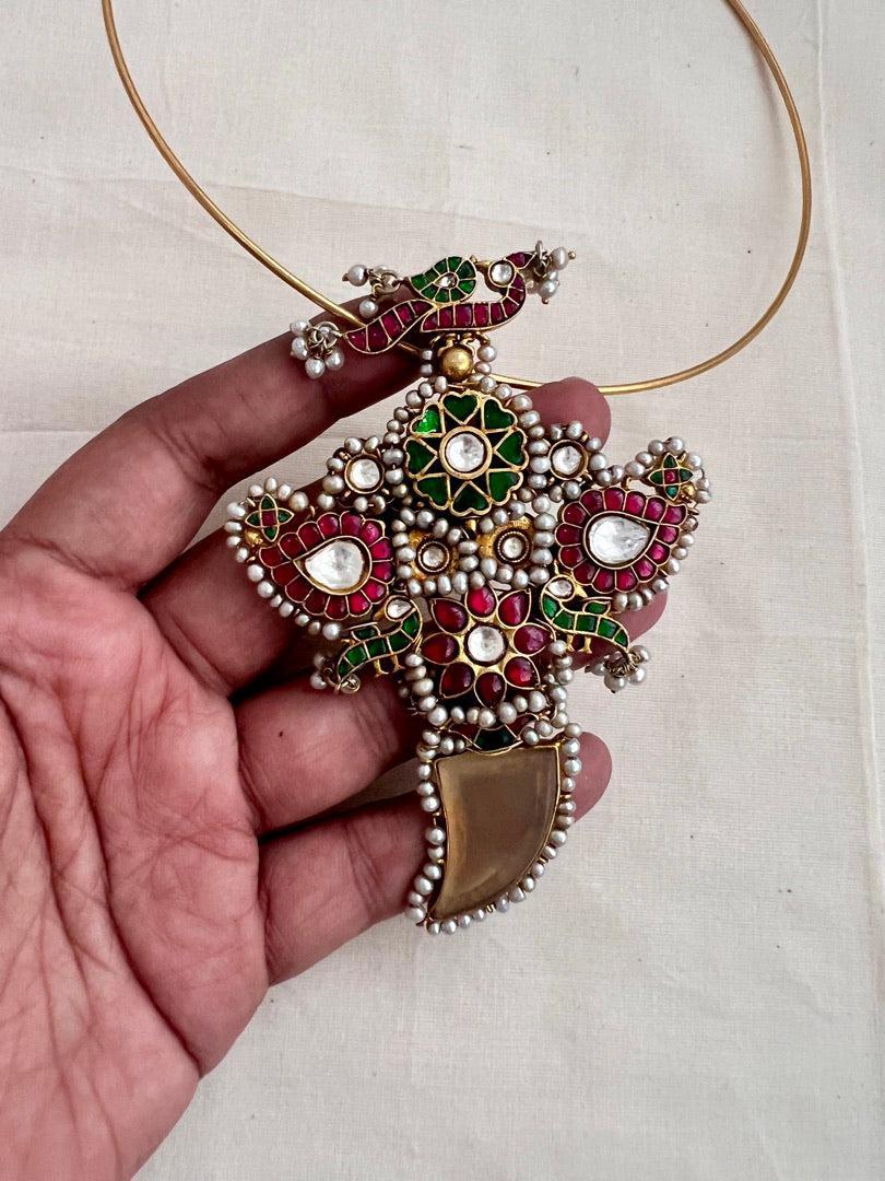 Gold polish kundan, ruby and emerald pendant hasli with pearls-Silver Neckpiece-CI-House of Taamara