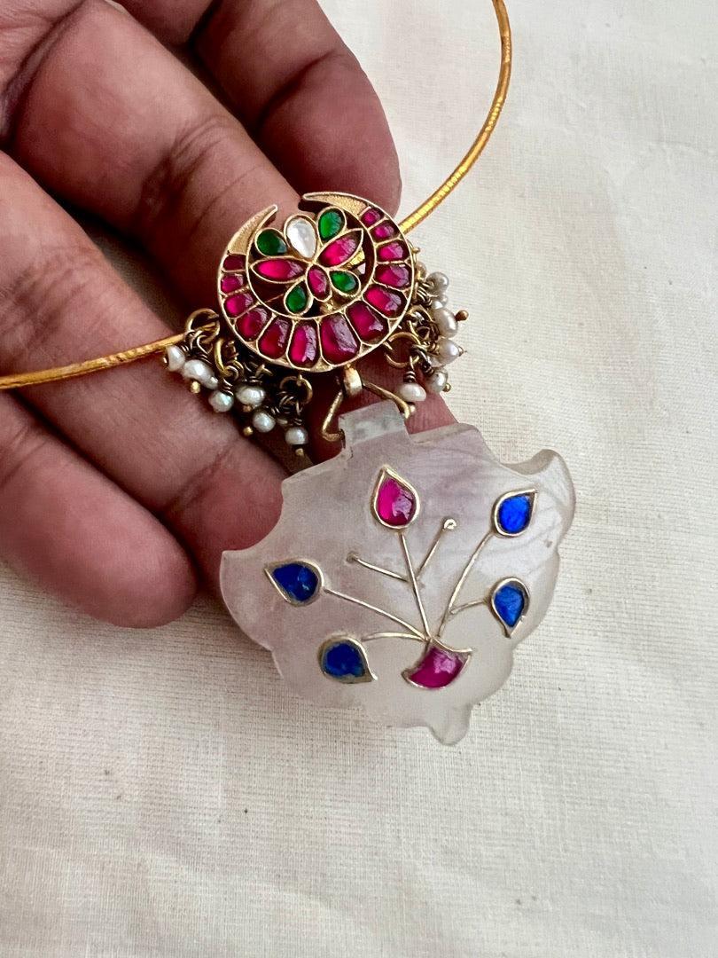 Gold polish kundan, ruby and emerald pendant hasli with pearls-Silver Neckpiece-CI-House of Taamara