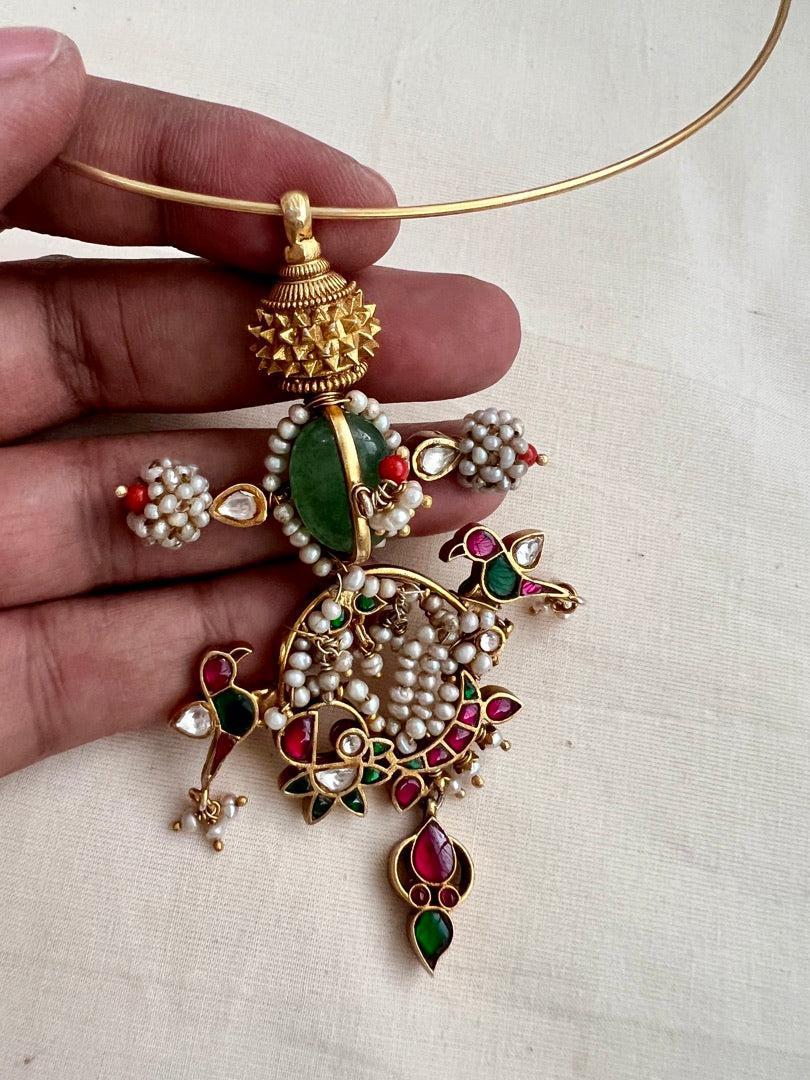 Gold polish kundan, ruby and emerald pendant hasli with pearls-Silver Neckpiece-CI-House of Taamara
