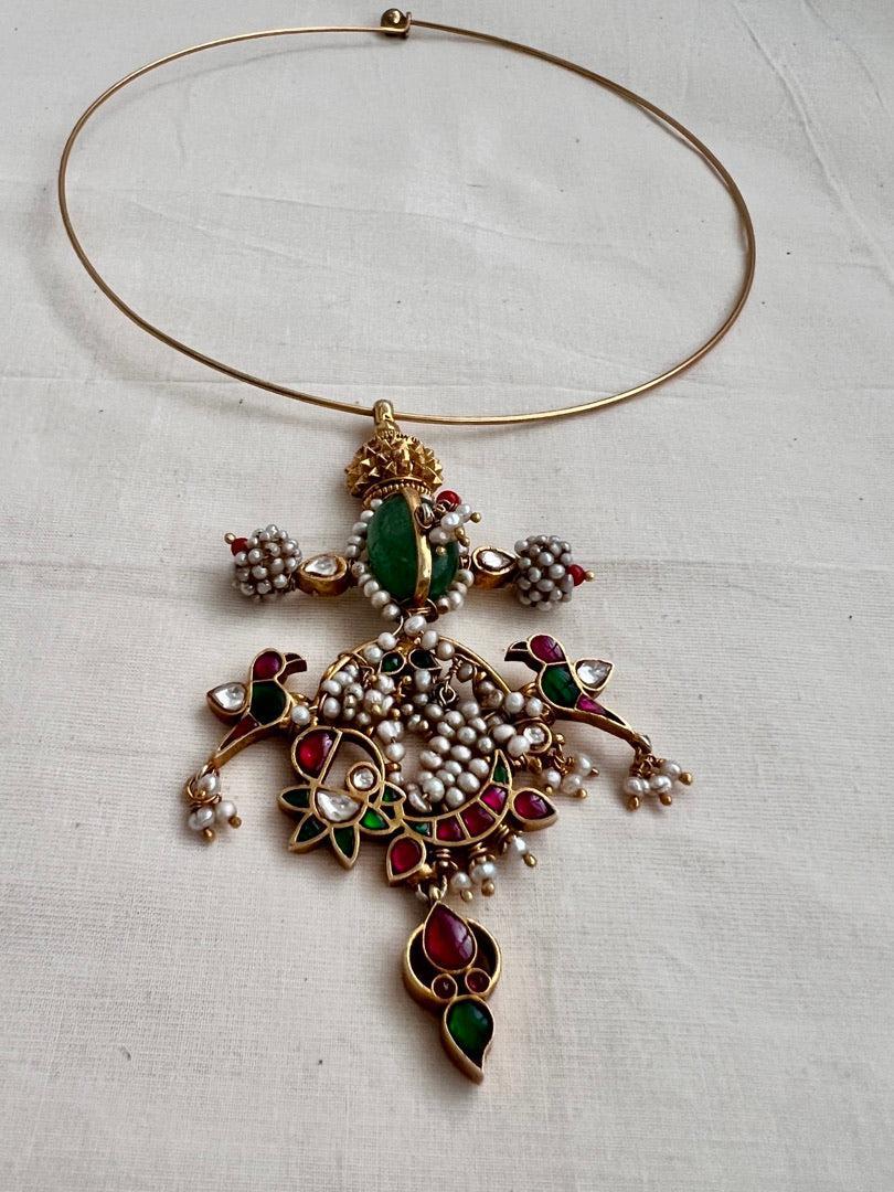 Gold polish kundan, ruby and emerald pendant hasli with pearls-Silver Neckpiece-CI-House of Taamara