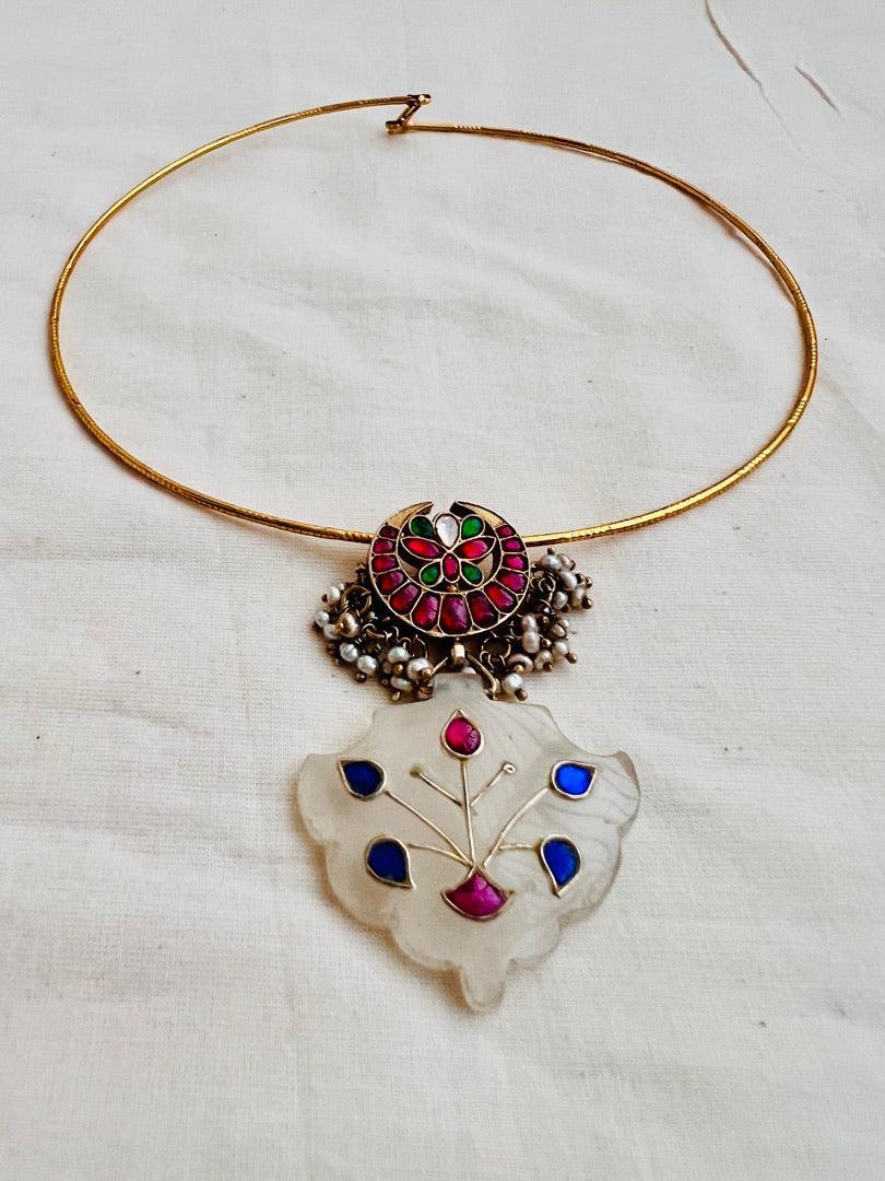 Gold polish kundan, ruby and emerald pendant hasli with pearls-Silver Neckpiece-CI-House of Taamara