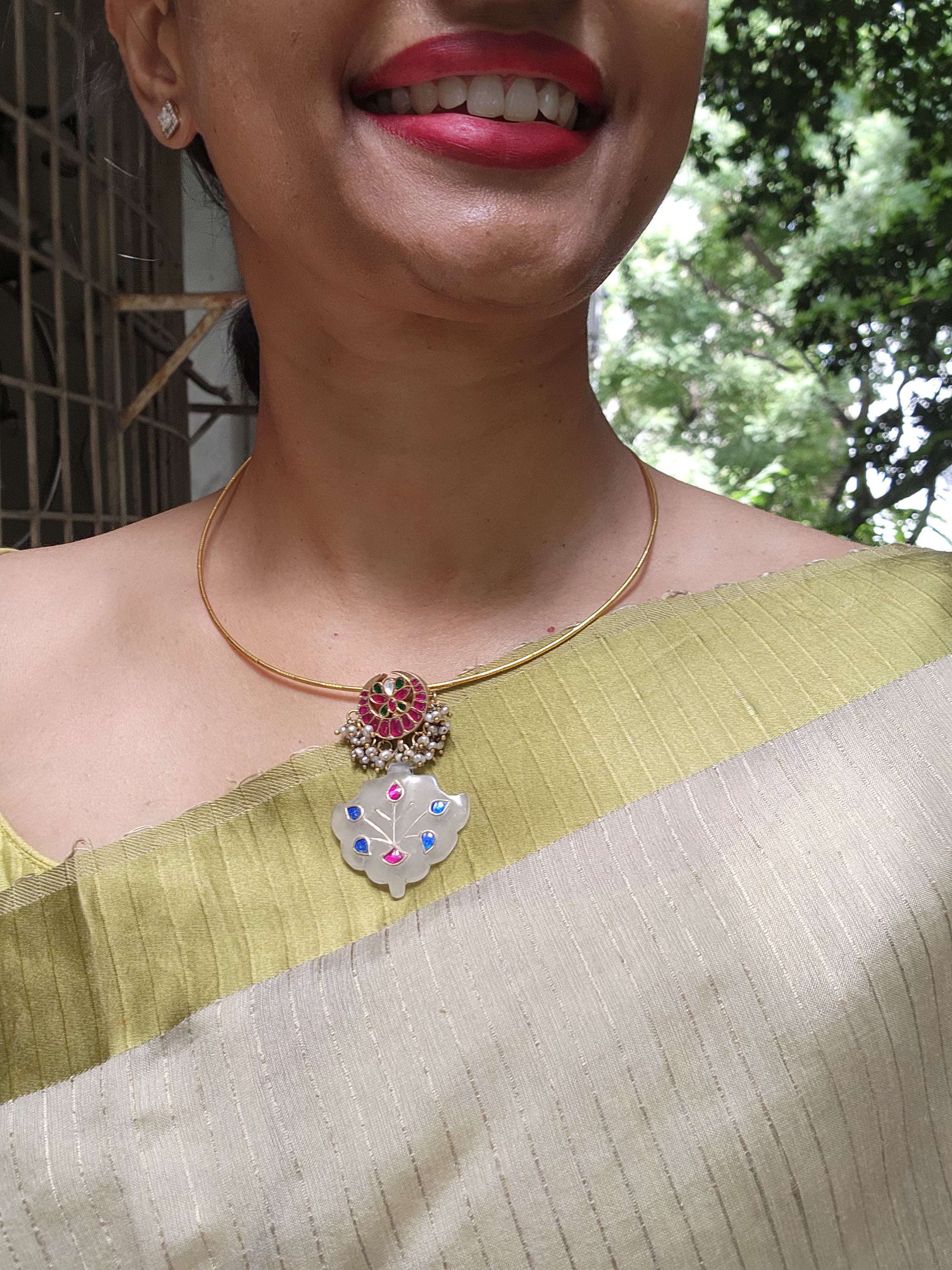 Gold polish kundan, ruby and emerald pendant hasli with pearls-Silver Neckpiece-CI-House of Taamara