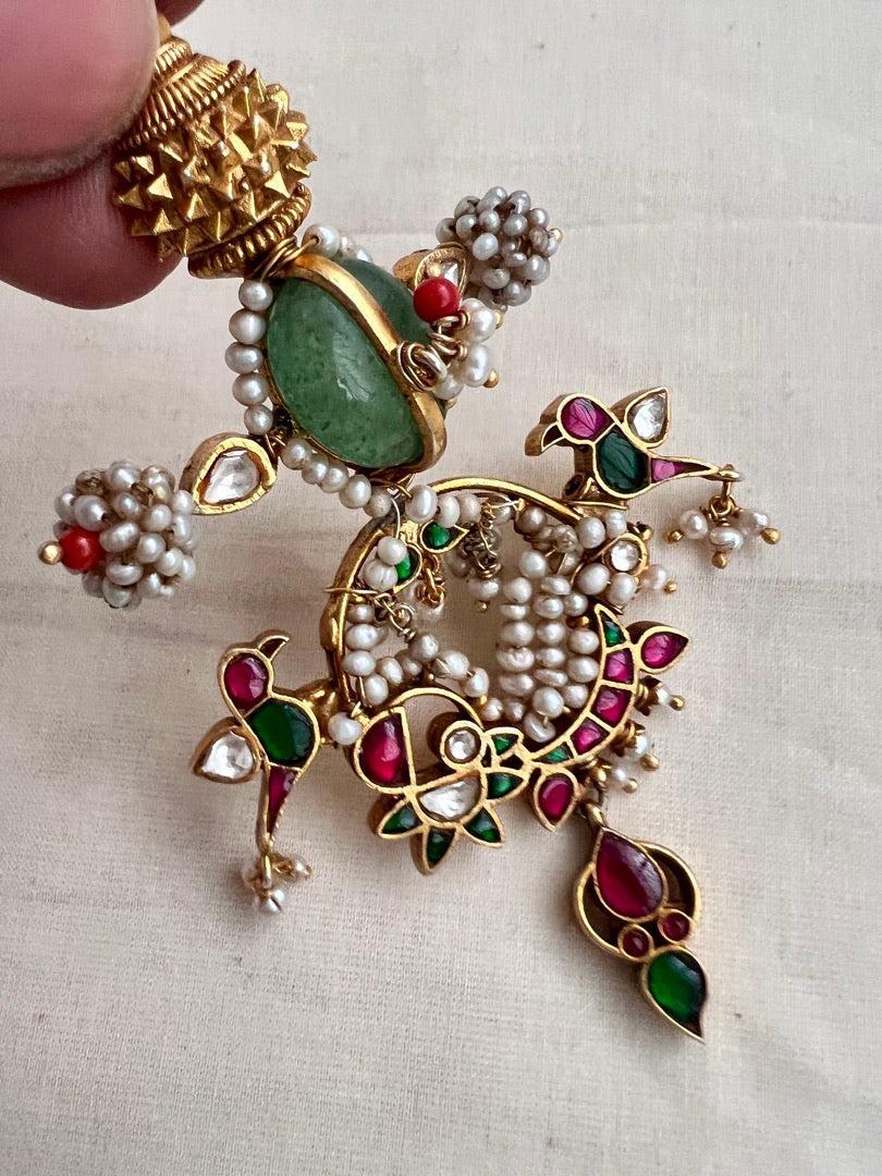 Gold polish kundan, ruby and emerald pendant hasli with pearls-Silver Neckpiece-CI-House of Taamara