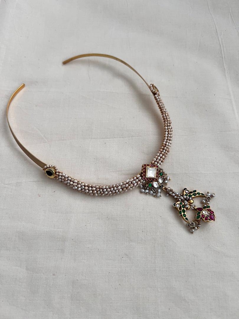 Gold polish kundan, ruby and emerald pendant hasli with pearls-Silver Neckpiece-CI-House of Taamara