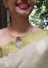 Gold polish kundan, ruby and emerald pendant hasli with pearls-Silver Neckpiece-CI-House of Taamara