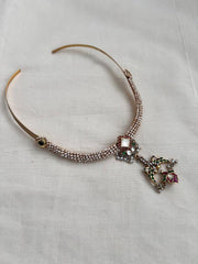Gold polish kundan, ruby and emerald pendant hasli with pearls-Silver Neckpiece-CI-House of Taamara