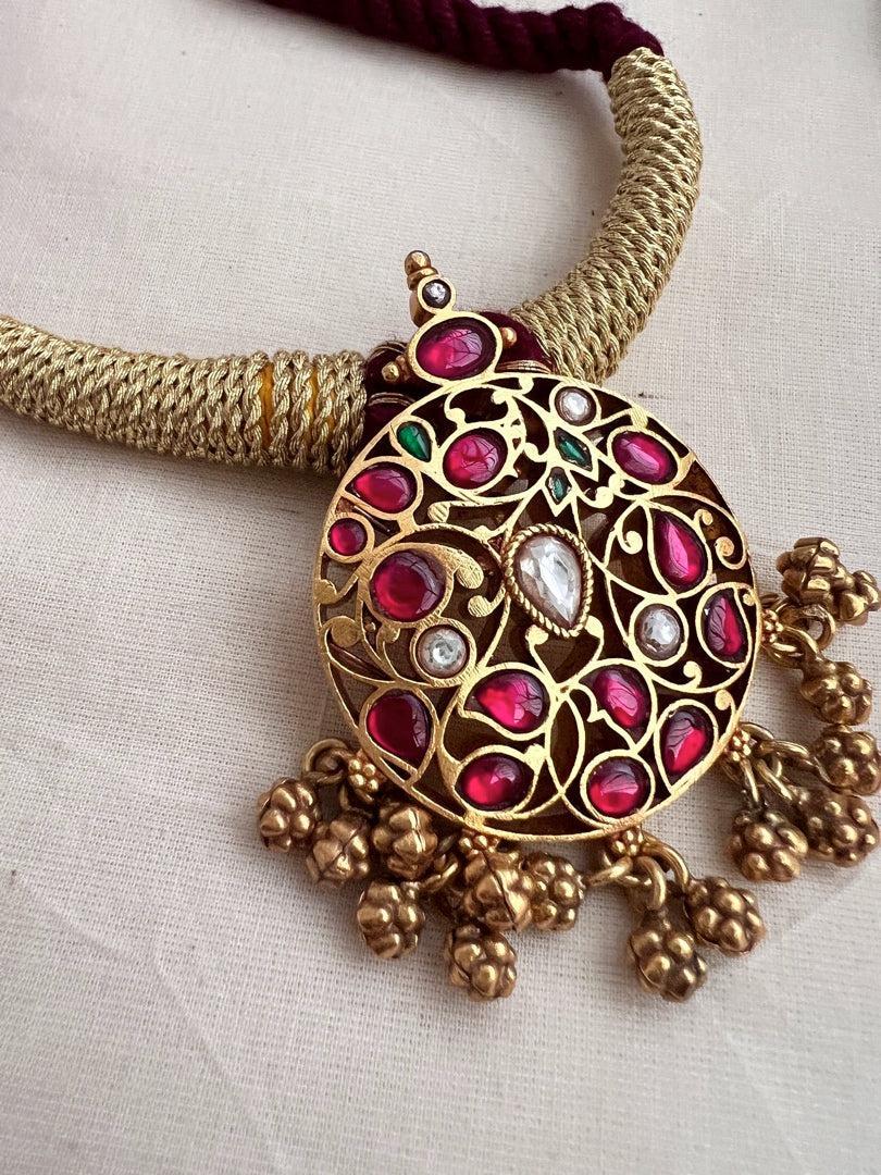 Gold polish kundan, ruby and emerald pendant thread necklace-Silver Neckpiece-CI-House of Taamara