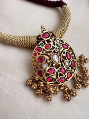 Gold polish kundan, ruby and emerald pendant thread necklace-Silver Neckpiece-CI-House of Taamara