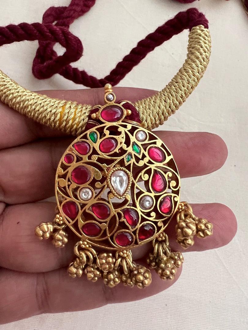 Gold polish kundan, ruby and emerald pendant thread necklace-Silver Neckpiece-CI-House of Taamara