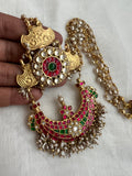 Gold polish kundan, ruby and emerald pendant with antique pearls chain-Silver Neckpiece-CI-House of Taamara
