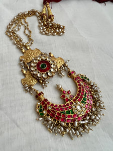 Gold polish kundan, ruby and emerald pendant with antique pearls chain-Silver Neckpiece-CI-House of Taamara