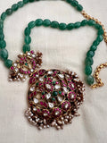 Gold polish kundan, ruby and emerald pendant with jade beads chain-Silver Neckpiece-CI-House of Taamara