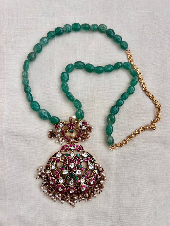 Gold polish kundan, ruby and emerald pendant with jade beads chain-Silver Neckpiece-CI-House of Taamara