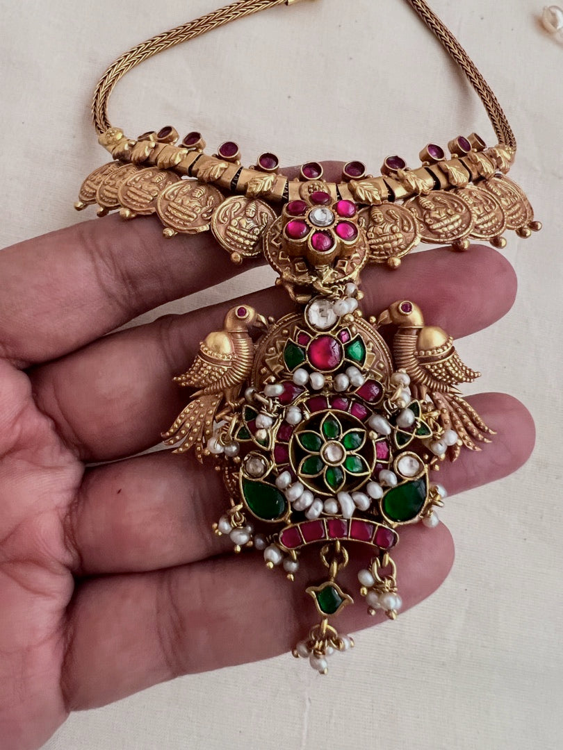 Gold polish kundan, ruby and emerald pendant with kasumala-Silver Neckpiece-CI-House of Taamara