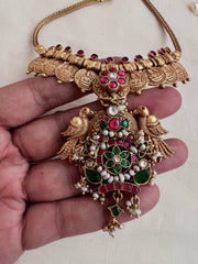 Gold polish kundan, ruby and emerald pendant with kasumala-Silver Neckpiece-CI-House of Taamara
