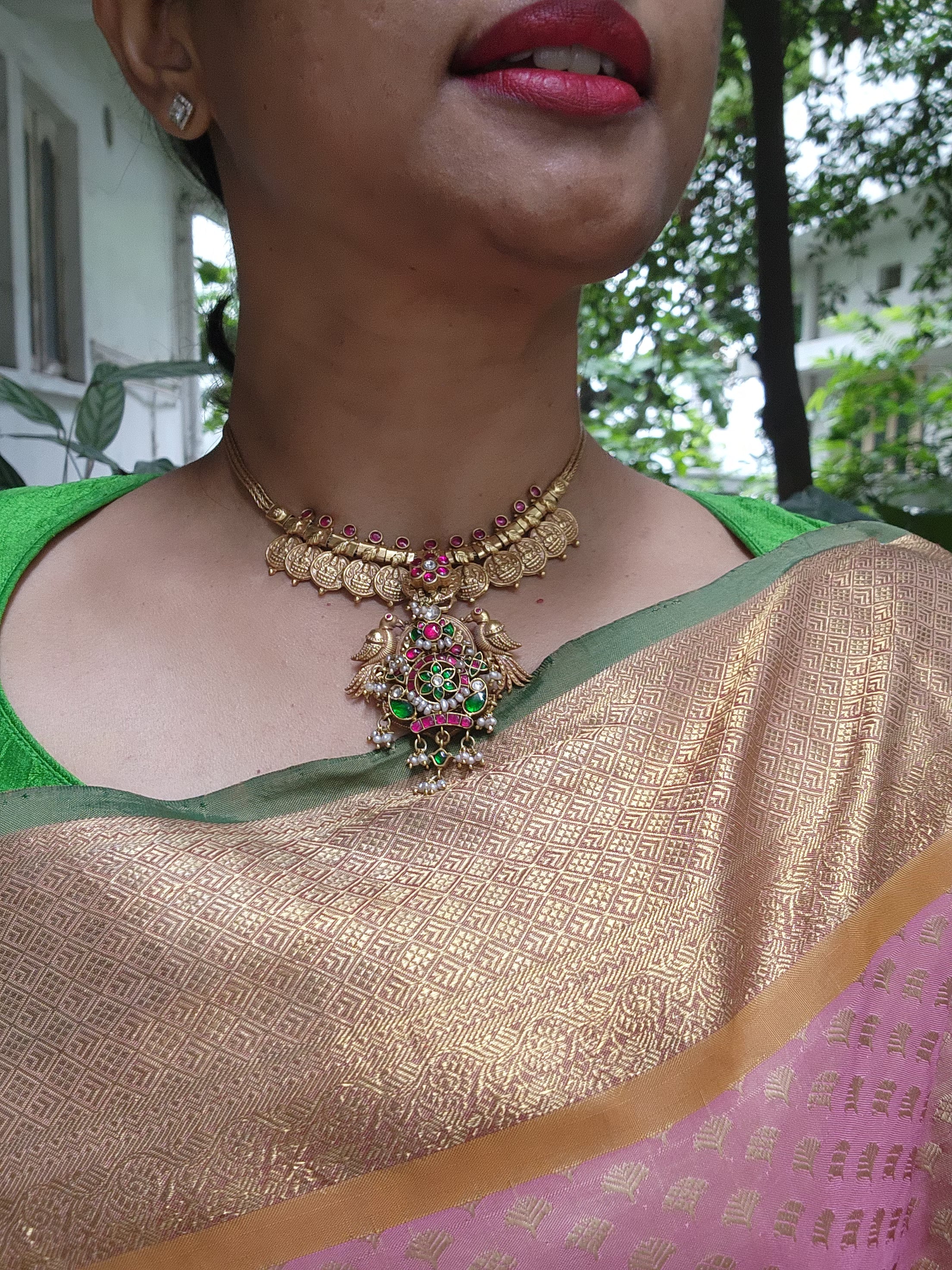 Gold polish kundan, ruby and emerald pendant with kasumala-Silver Neckpiece-CI-House of Taamara