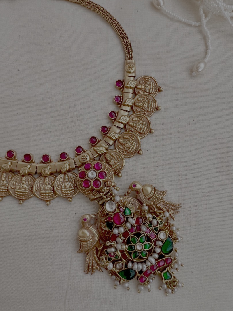 Gold polish kundan, ruby and emerald pendant with kasumala-Silver Neckpiece-CI-House of Taamara