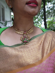Gold polish kundan, ruby and emerald pendant with kasumala-Silver Neckpiece-CI-House of Taamara