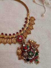 Gold polish kundan, ruby and emerald pendant with kasumala-Silver Neckpiece-CI-House of Taamara
