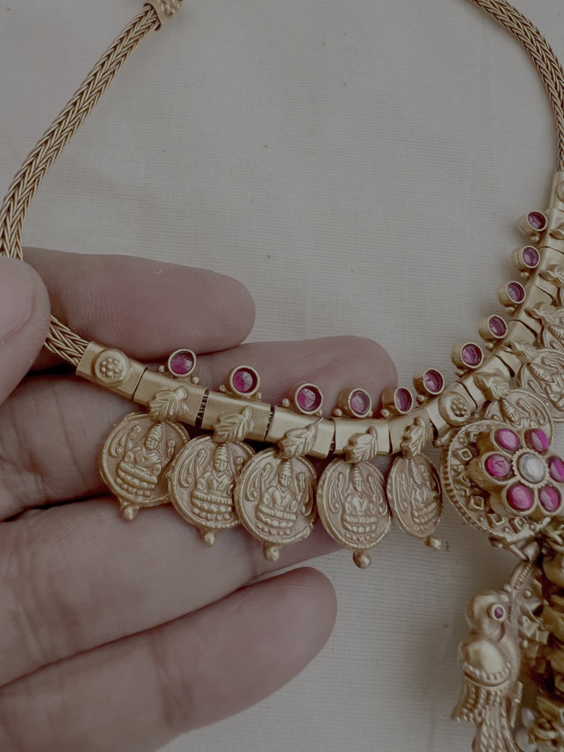 Gold polish kundan, ruby and emerald pendant with kasumala-Silver Neckpiece-CI-House of Taamara