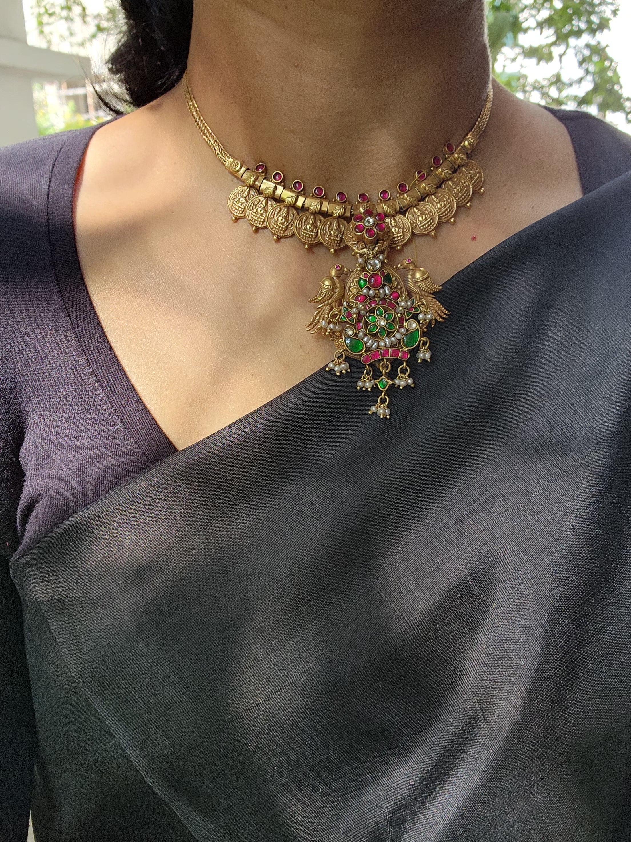 Gold polish kundan, ruby and emerald pendant with kasumala-Silver Neckpiece-CI-House of Taamara