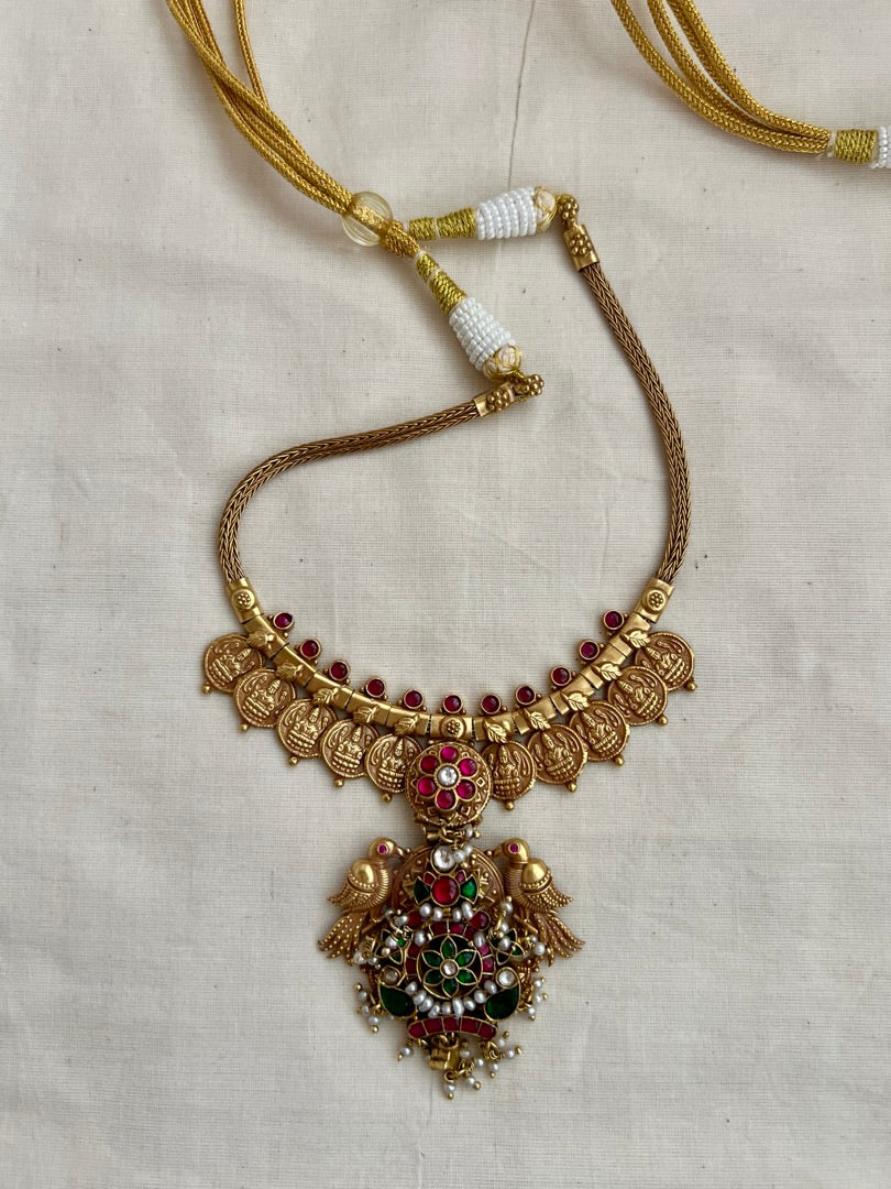 Gold polish kundan, ruby and emerald pendant with kasumala-Silver Neckpiece-CI-House of Taamara