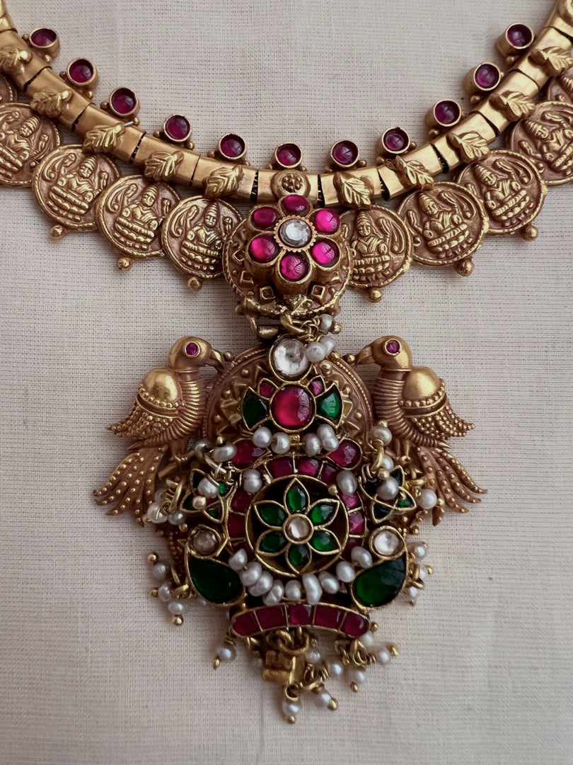 Gold polish kundan, ruby and emerald pendant with kasumala-Silver Neckpiece-CI-House of Taamara